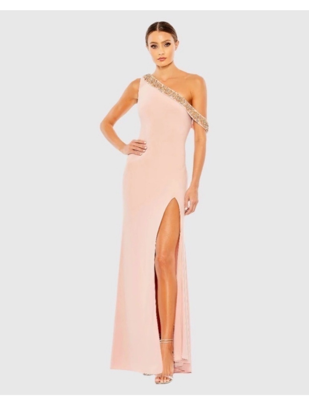Mac Duggal Blush One-Shoulder Maxi Gown with Embellished Strap